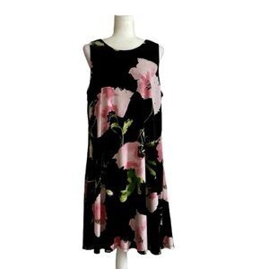 Anne Klein Dress Black Pink Floral Sleeveless Swing Knee Length Size 16 NEW